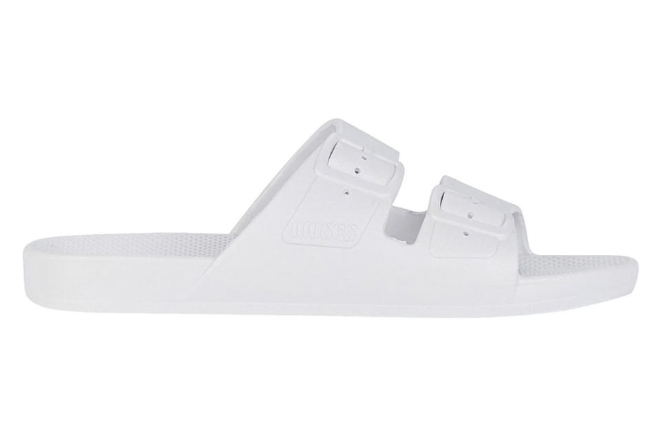white sandals, double strap, freedom moses