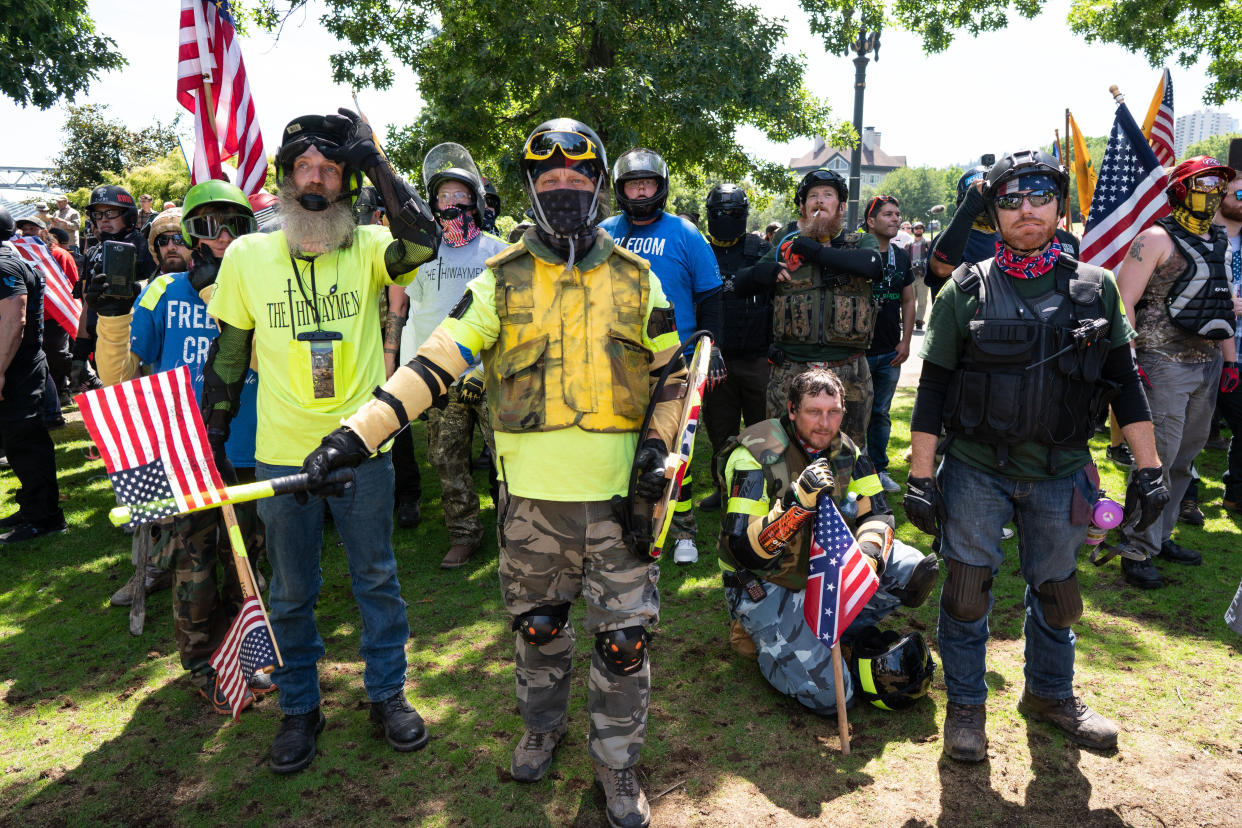 Far-right protesters in Portland, Oregon, march through Tom McCall Waterfront Park as part of a fascist rally on Aug. 4, 2018. Another rally, this one planned by the neofascist Proud Boys gang, is scheduled for this Saturday. (Photo: Photo by Kainoa Little/SOPA Images/LightRocket via Getty Images)