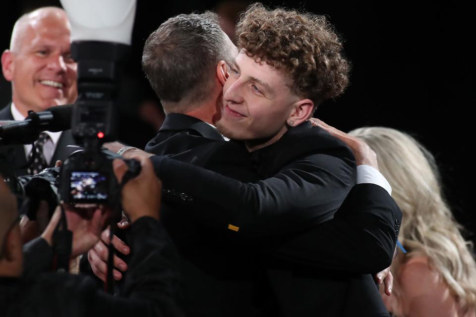 Jun 22, 2023; Brooklyn, NY, USA; Brandin Podziemski (Santa Clara) celebrates after being selected 19th by the Golden State Warriors in the first round of the 2023 NBA draft at Barclays Arena. Mandatory Credit: Wendell Cruz-USA TODAY Sports