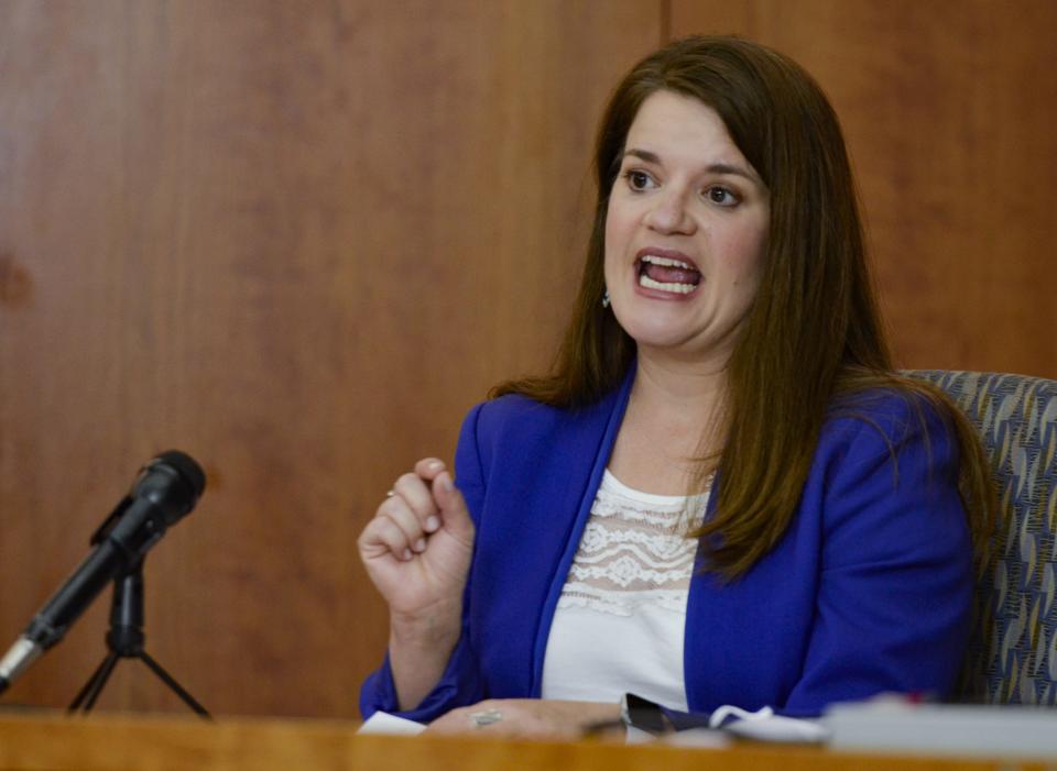 New Mexico Secretary of State Maggie Toulouse Oliver discusses the November election during a news conference at the state Capitol building in Santa Fe on Thursday, Sept. 24, 2020.