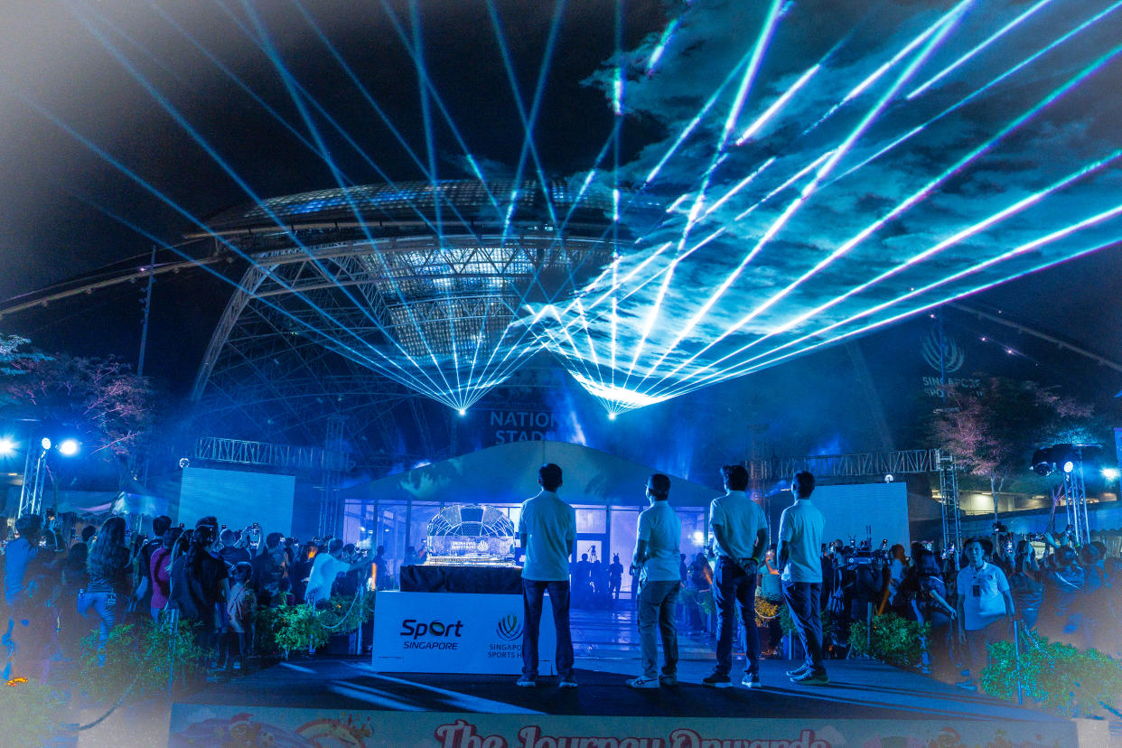 The Singapore Sports Hub celebrates its first anniversary of the handover to the Kallang Alive Sport Management with a festive light-up at the National Stadium. (PHOTO: KASM)