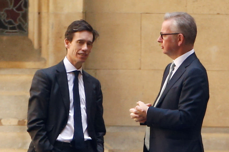 Tory leadership hopefuls Rory Stewart and Michael Gove talk near the Parliament grounds in London on Monday (Picture: Reuters)