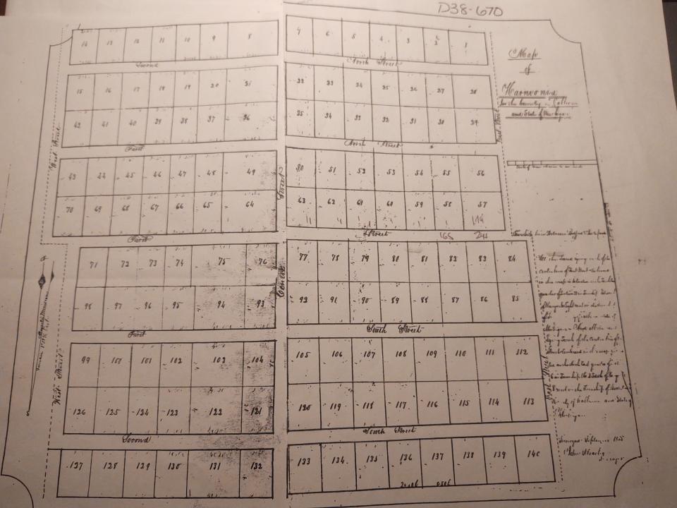 An original plat map of Harmonia from the Register of Deeds office in Marshall. Shown on the map are lots 48 and 65 owned by Sojourner Truth.