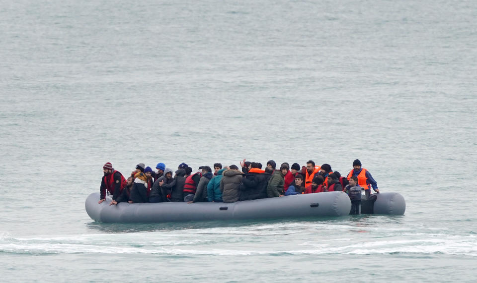 A group of people thought to be migrants adrift in a dinghy before being rescued off the coast of Folkestone, Kent, as small boat incidents in the Channel continue. Picture date: Saturday November 20, 2021. (Photo by Gareth Fuller/PA Images via Getty Images)