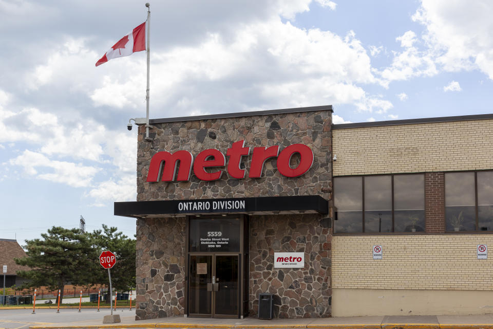 Etobicoke, Toronto, Canada - June 6, 2020: Metro Ontario inc. office in Etobicoke, Toronto, Canada. Metro Inc. is a Canadian food retailer operating in the provinces of Quebec and Ontario.