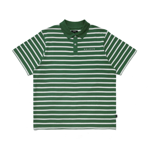 green and white striped malbon golf shirt against white background