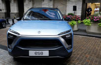 Chinese electric vehicle start-up Nio Inc. vehicles are on display in front of the New York Stock Exchange (NYSE) to celebrate the company’s initial public offering (IPO) in New York, U.S., September 12, 2018. REUTERS/Brendan McDermid