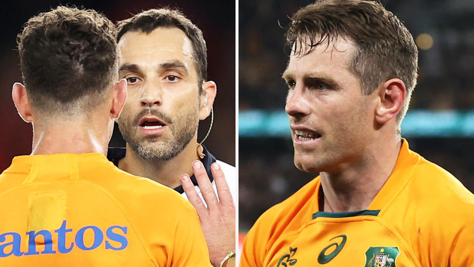 Wallabies five-eighth Bernard Foley aregues with referee Mathieu Raynal.