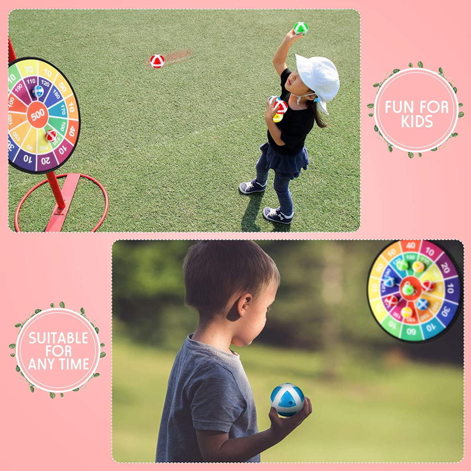 kids throwing velcro balls at dart board