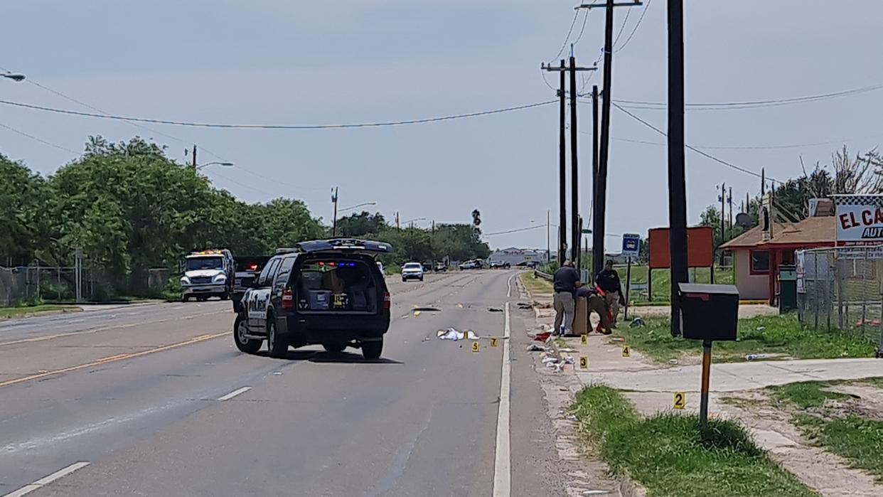 Police work at the scene after a driver crashed into several people in Brownsville, Texas, on 7 May 2023 (AFP/Getty)