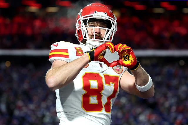 <p> Al Bello/Getty</p> Travis Kelce at Highmark Stadium on January 21, 2024 in Orchard Park, New York.