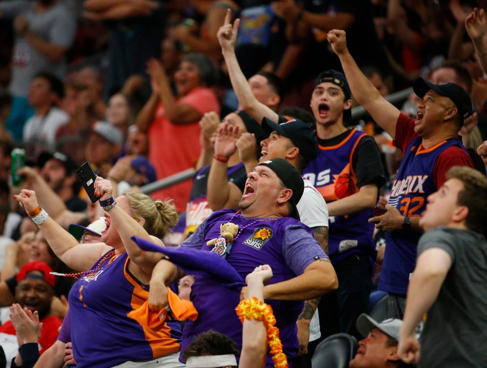 June 26, 2021; Phoenix, Arizona, USA; Suns fans react to the game during a Road Game Rallies viewing party at Phoenix Suns Arena.