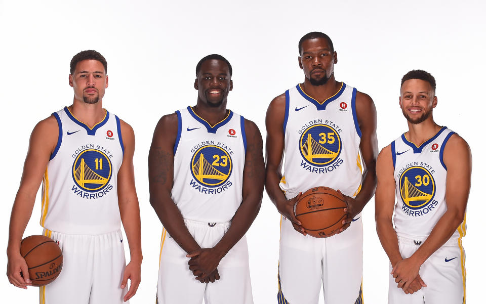 From left, Klay Thompson, Draymond Green, Kevin Durant and Stephen Curry mean business. (Getty Images)