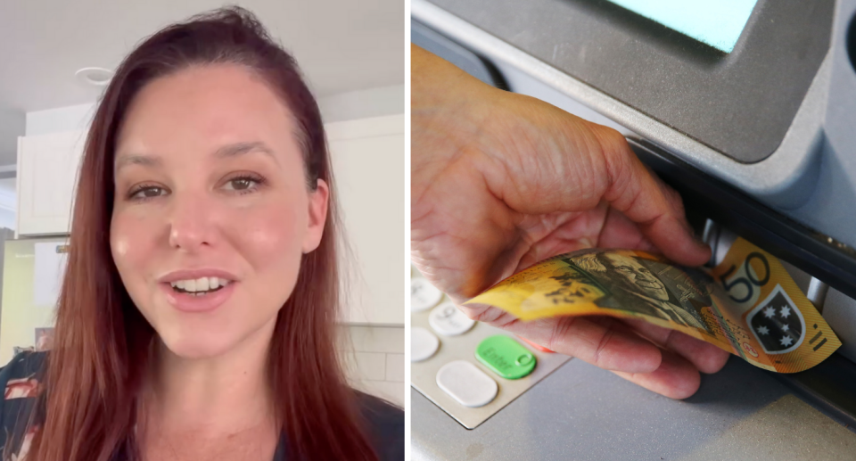 Finder's personal finance expert Sarah Megginson next to person pulling out cash from ATM