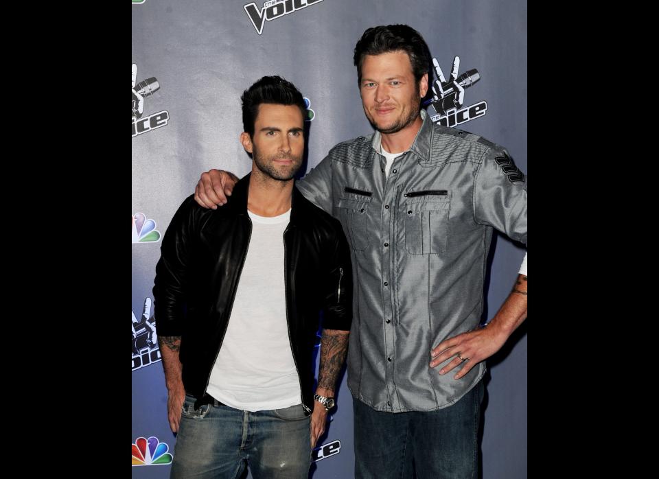Singers Adam Levine (L) and Blake Shelton appear at a press junket for NBC's 'The Voice' at Sony Studios on October 28, 2011 in Culver City, California. (Getty)