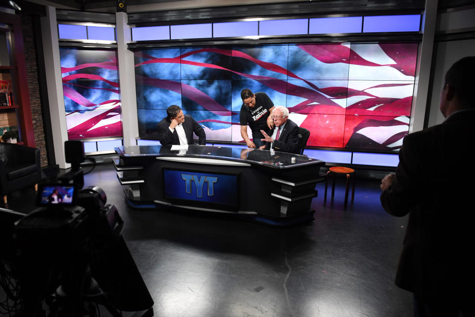 Sen. Bernie Sanders prepares for an interview with Cenk Uygur, left, at the Young Turks studios in Culver City, California, during his 2016 presidential run. Uygur had long been a key ally. (Photo: Matt McClain/The Washington Post via Getty Images)