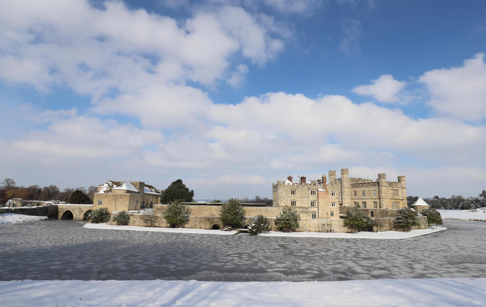 Leeds Castle in Kent, where the moat has frozen over, as the cold snap continues to grip much of the nation. Picture date: Thursday February 11, 2021. (Photo by Gareth Fuller/PA Images via Getty Images)