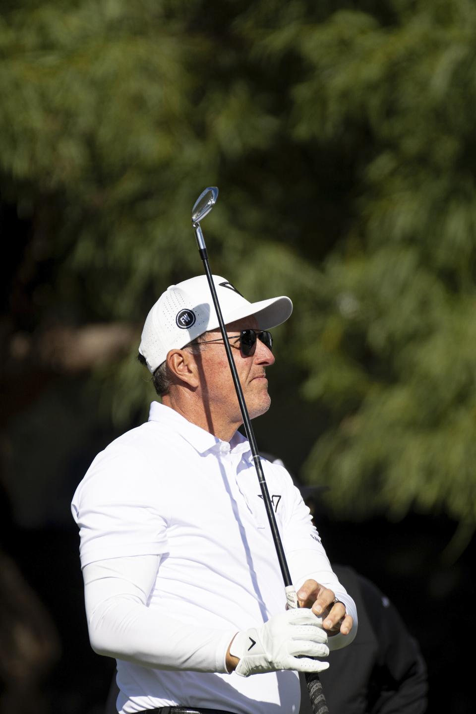 Captain Phil Mickelson of HyFlyers GC hits a shot on the second hole during the practice round for LIV Golf Adelaide at the Grange Golf Club Thursday, April 25, 2024, in Adelaide, Australia. (Matthew Harris/LIV Golf via AP)