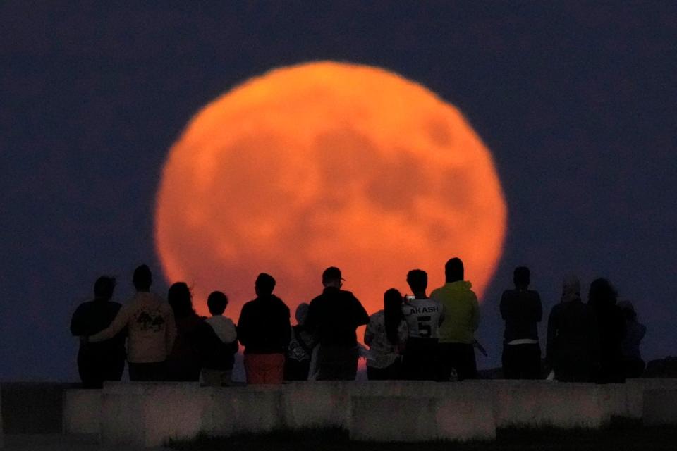 The blue supermoon rises over Lake Michigan as spectators watch from Chicago's 31st Street beach (AP)