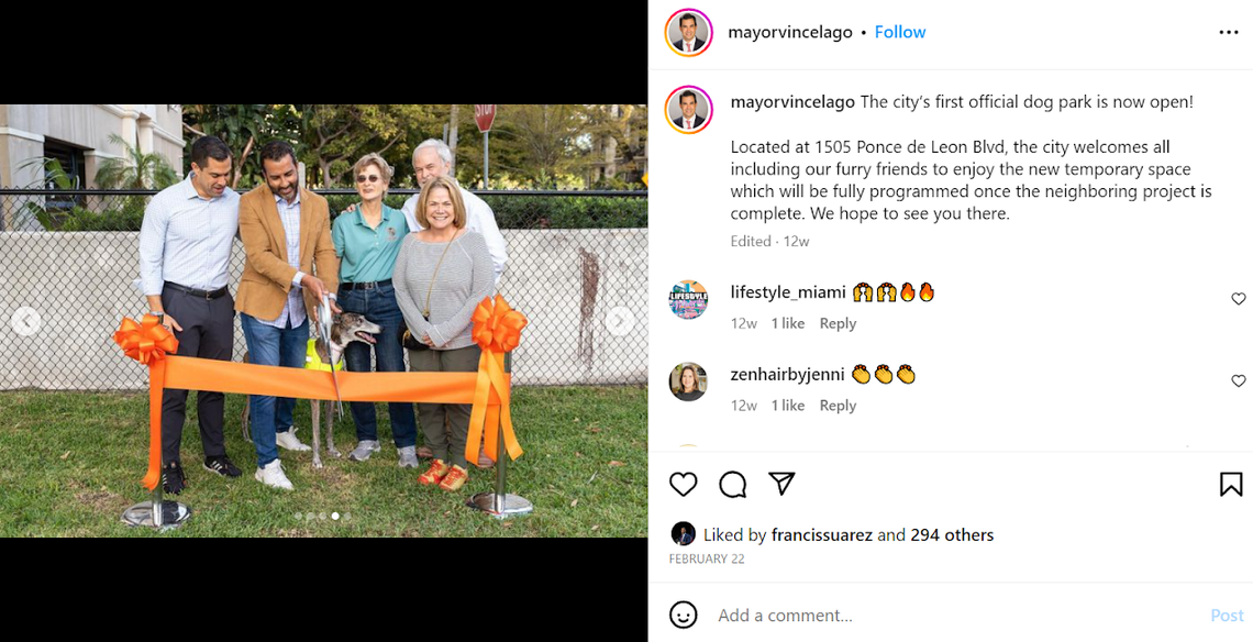 Coral Gables Mayor Vince Lago poses alongside two city commissioners and two Location Ventures employees during a ribbon-cutting ceremony for the dog park at 1505 Ponce de Leon Blvd.