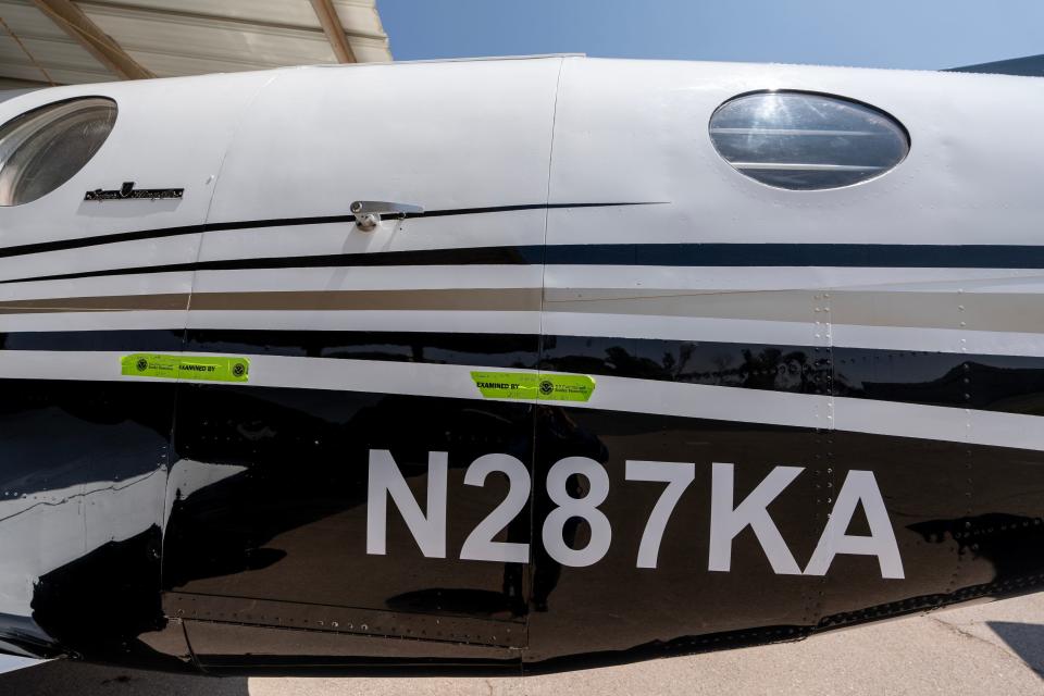 A plane with a U.S. and Customs and Border Protection tag is shown on a plane in which alleged Sinaloa Cartel leaders, Ismael "El Mayo" Zambada and Joaquin Guzman Lopez, allegedly landed in Dona Ana County International Jetport aboard this airplane. The two men were taken under U.S. custody in New Mexico July 25, 2024.