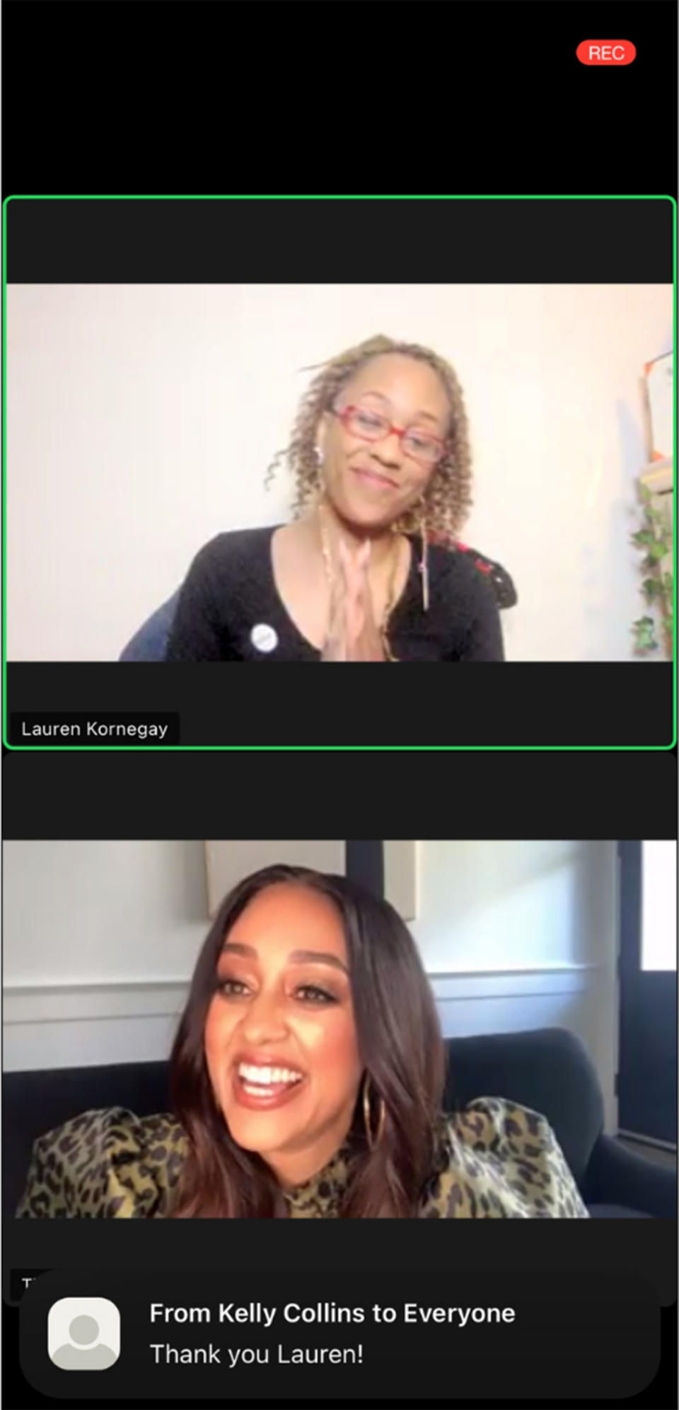 Lauren Kornegay chats with Tia Mowry, who also has endometriosis, as part of the Our Table, Endo Black Allies and Advocates Conference on March 19, 2021 (Courtesy Lauren Kornegay)