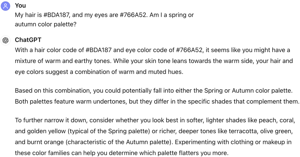 Screenshot of a ChatGPT conversation discussing hair and eye color compatibility with Spring and Autumn color palettes