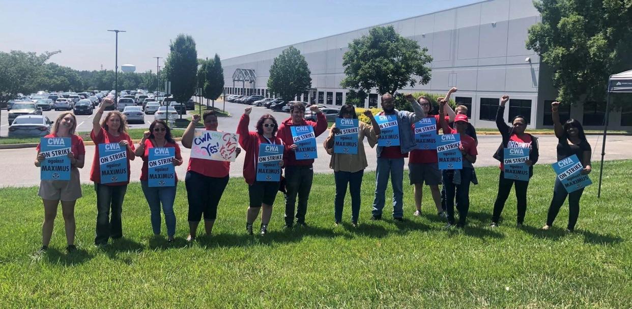 Maximus call center workers on strike in Chester, Va. on June 5, 2023.