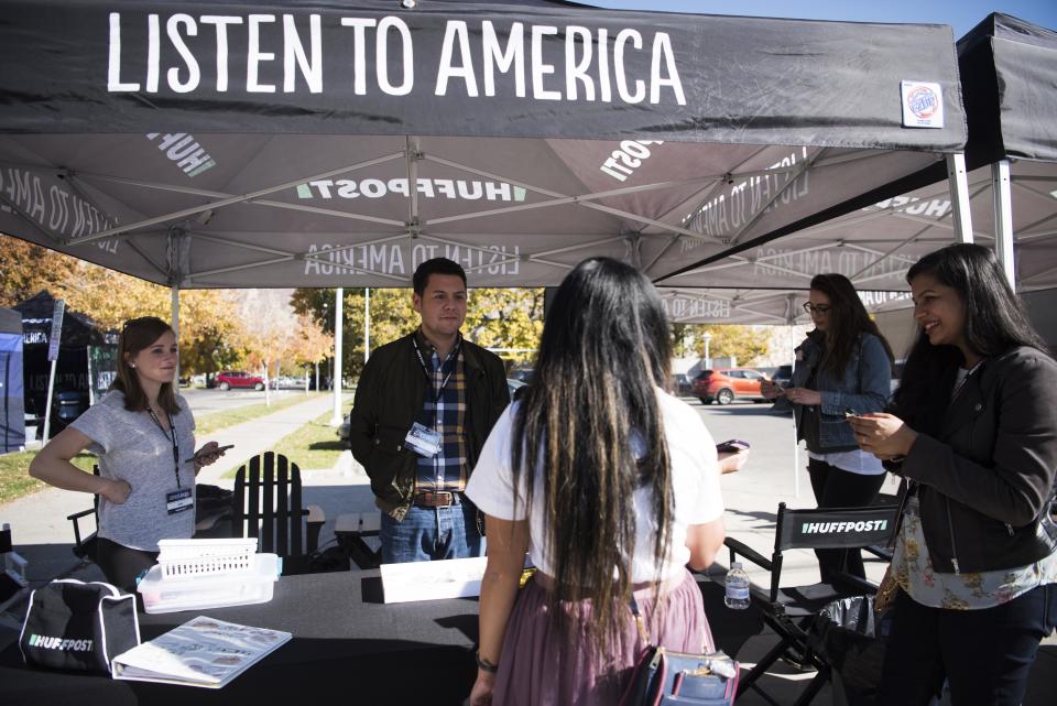 Mo Elinzano (back to camera) talks to Samantha Tomaszewski, Curtis Wong and Carol Kuruvilla during HuffPost's visit to Provo, Utah, on Oct. 18, 2017, as part of "Listen To America: A HuffPost Road Trip."