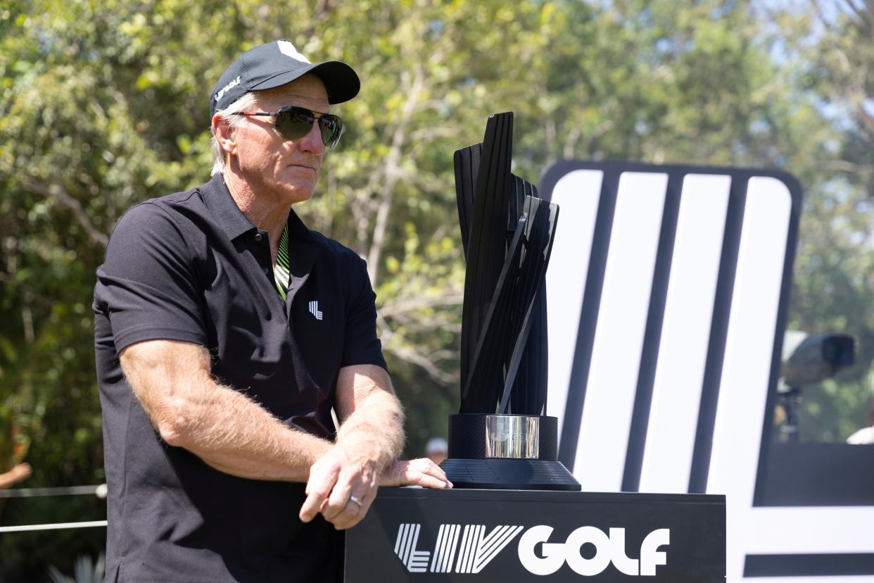 LIV Golf CEO Greg Norman is seen on the first tee during the final round of the LIV Golf Mayakoba at El Camaleón Golf Course, Sunday, Feb. 26, 2023, in Playa del Carmen, Mexico. (Photo by Jon Ferrey/LIV Golf via AP)