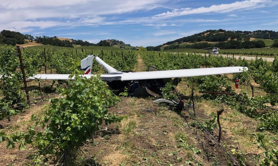 A small plane crashed in the vineyard at Halter Ranch winery in the hills west of Paso Robles on Saturday, Jan. 7, 2024.