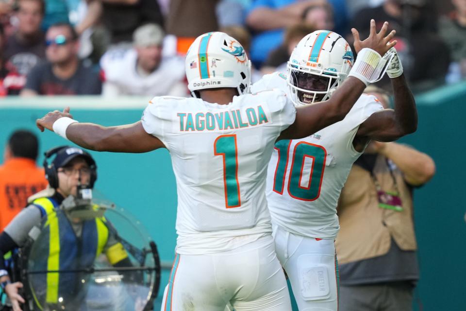 Dolphins wide receiver Tyreek Hill has a league-leading 10 touchdown receptions from quarterback Tua Tagovailoa this season.