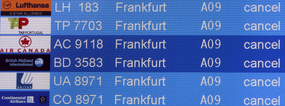 A departure board is pictured during a six hours strike at the Tegel Airport in Berlin, Germany, Tuesday, Sept. 4, 2012. UFO, the union for the cabin crews, is seeking a 5 percent pay raise for the airline's more than 18,000 cabin crew workers. Lufthansa has said it is offering a 3.5 percent raise. (AP Photo/Michael Sohn)
