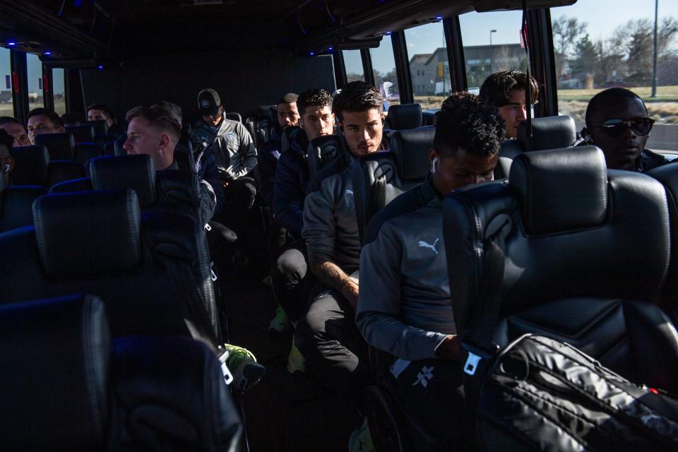 Hailstorm FC's Leo Folla, center, rides the bus alongside teammates to Dick's Sporting Goods Park for a U.S. Open Cup third-round soccer match against the Colorado Rapids on Wednesday in Commerce City.