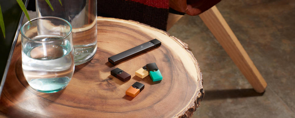 A Juul Labs e-cig and flavor pods