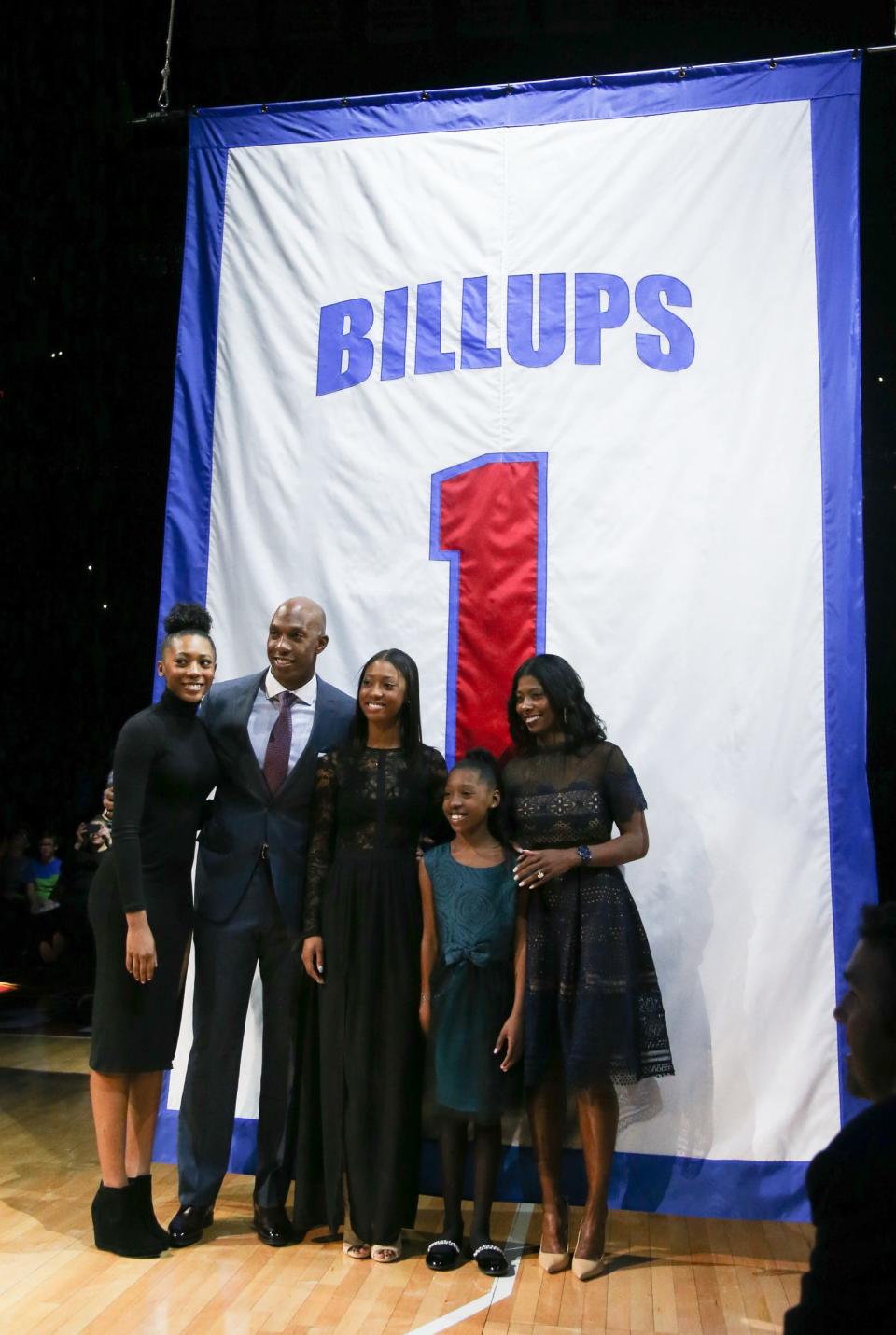Former Pistons guard Chauncey Billups and his family watch as his number is retired during halftime of the game against the Nuggets on Wednesday, Feb. 10, 2016, at the Palace of Auburn Hills.