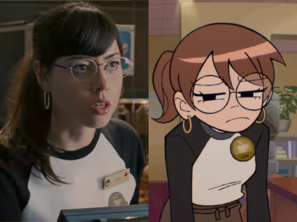 left: aubrey plaza as julie powers, wearing a coffee shop baseball with her hair pulled back, looking irate and wearing round glasses; right: julie in the anime, looking despondent in similar clothes and squinting her eyes