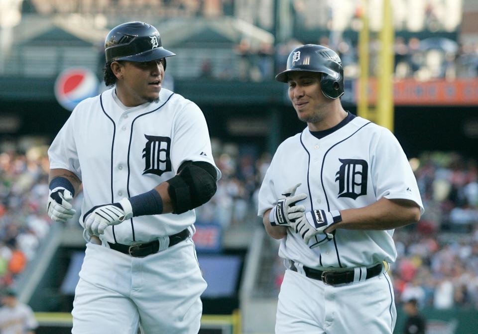Detroit Tigers' Miguel Cabrera, left, and Magglio Ordonez after Cabrera's two-run home run against the Oakland Athletics in the first inning of a game May 28, 2010 in Detroit. Cabrera hit three homers in a 5-4 loss to Oakland.