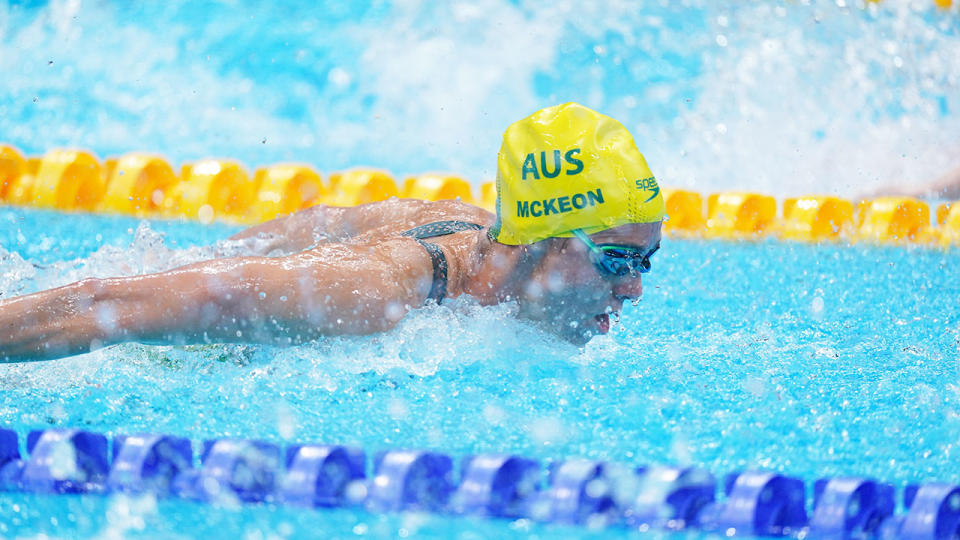 Pictured here, Emma McKeon competing in the 100m butterfly final at the Tokyo Olympics.