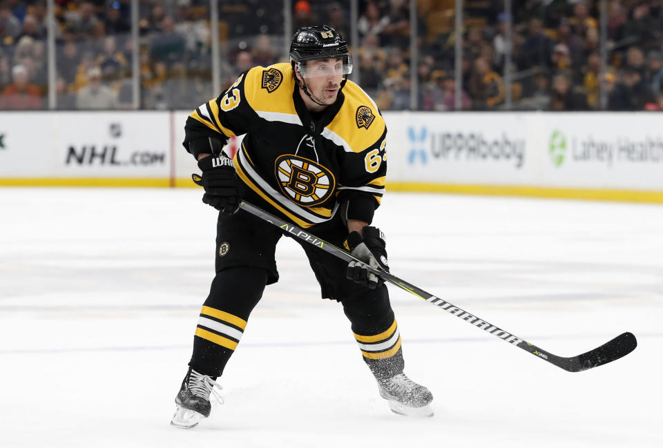 Boston Bruins' Brad Marchand during an NHL hockey game against the Los Angeles Kings Saturday, Feb. 9, 2019, in Boston. (AP Photo/Winslow Townson)