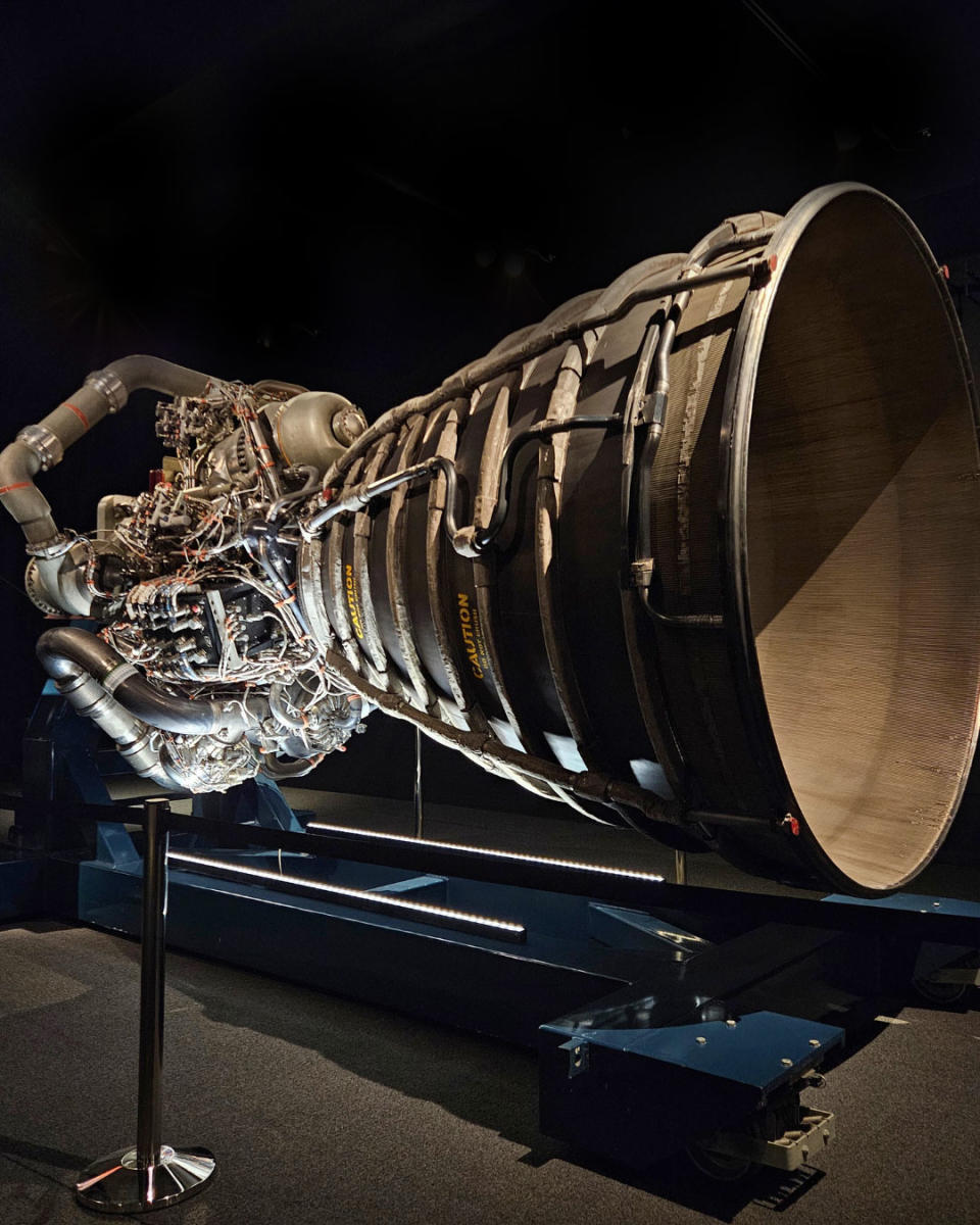 Close-up view of a rocket engine in the museum