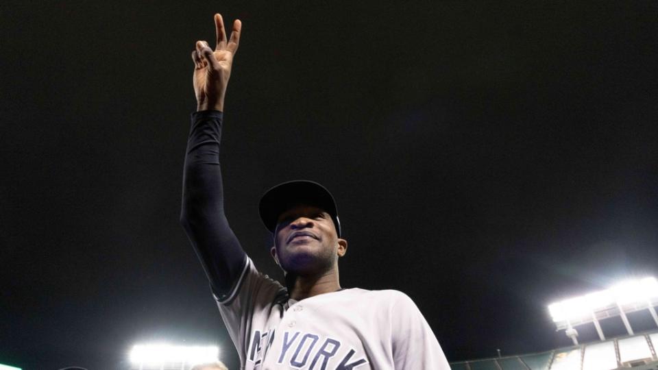 Jun 28, 2023; Oakland, California, USA; New York Yankees starting pitcher Domingo German (0) acknowledges fans after pitching a perfect game against the Oakland Athletics at Oakland-Alameda County Coliseum. It was the first perfect game in MLB since 2012 and the fourth perfect game in franchise history.