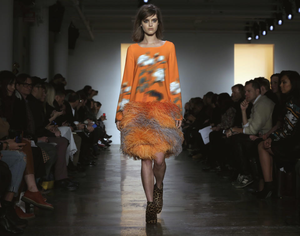 The Peter Som Fall 2014 collection is modeled during Fashion Week in New York, Friday, Feb. 7, 2014. (AP Photo/Richard Drew)