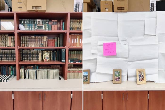 Don Falls's classroom bookshelves before and after they were covered up