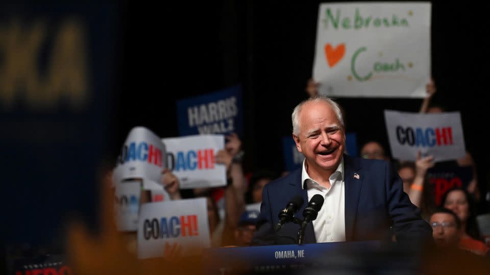 Minnesota Gov. Tim Walz speaks during a campaign visit to his home state in Omaha, Nebraska, on August 17, 2024. - Mark Makela/Reuters/File