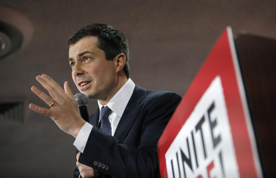 Democratic presidential candidate South Bend Mayor Pete Buttigieg speaks at a culinary workers union hall Saturday, Jan. 11, 2020, in Las Vegas. (AP Photo/John Locher)