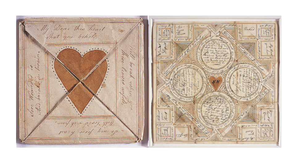 This combination of images from the American Folk Art Museum Collection shows Love Token for Sarah Newlin, a Valentine's Day card made of Ink and watercolor on paper, and envelope from 1799. The American Museum of Folk Art in New York City has a number of lovingly crafted cards and other tokens of affection from various periods. (American Folk Art Museum via AP)
