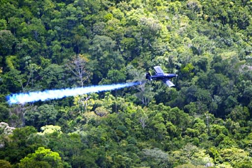 A Colombian police plane sprays herbicides on coca plants in the suburbs of Medellin on July 23, 2003