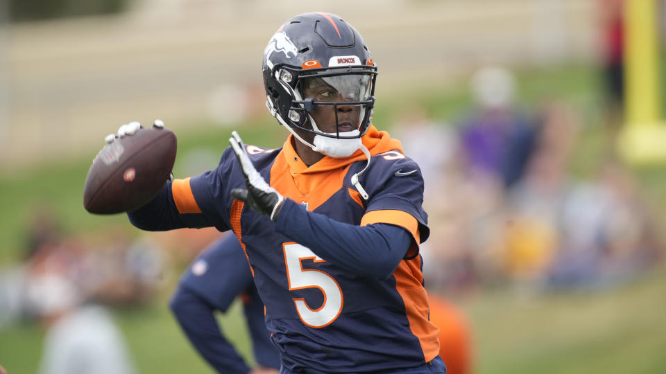 Denver Broncos quarterback Teddy Bridgewater (5) taking part in drills at an NFL football training camp at team headquarters Saturday, July 31, 2021, in Englewood, Colo. (AP Photo/David Zalubowski)