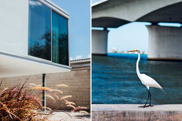 Rose Marie Cromwell From left: Developer Philip Hiss’s studio, built by Edward Seibert in 1953 in Sarasota’s Lido Shores neighborhood; an egret at Ringling Bridge Causeway Park.